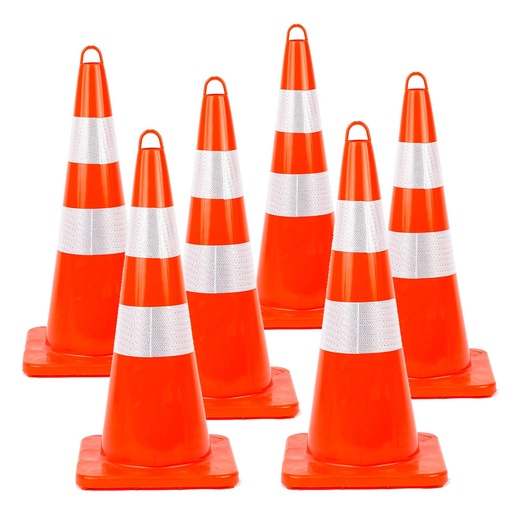 [QA-BATTIFE6PZ] Cono 28" de seguridad y trafico, con collares reflejantes y conectores de cadena de PVC irrompible, color naranja (Paquete de 6 piezas)