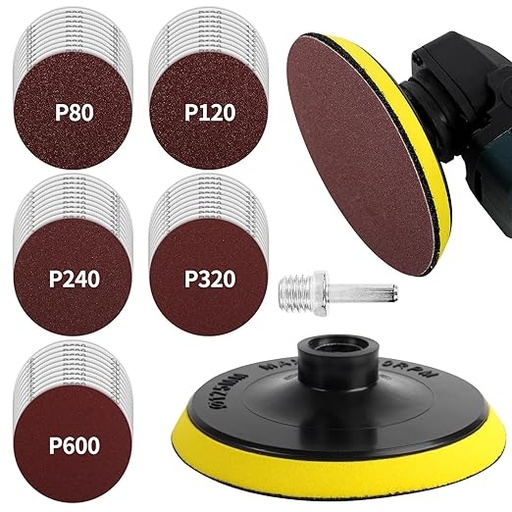 [QA- PW820813] Almohadilla de velcro de respaldo de 12.7 cm con 50 discos de lijado, accesorios para amoladora angular con rosca de 5/8-11, para madera (grano 40, 60, 80, 120, 180, 240, 320 y 600)